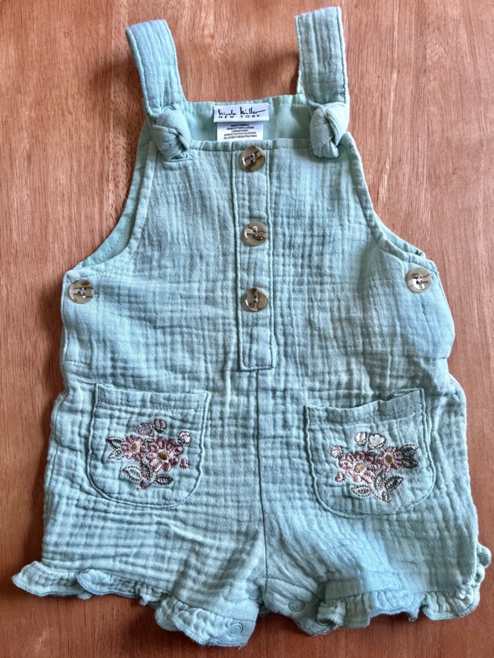 Nicole Miller Mint Girls Romper - Pink Flower Detail - Sz 6/9m